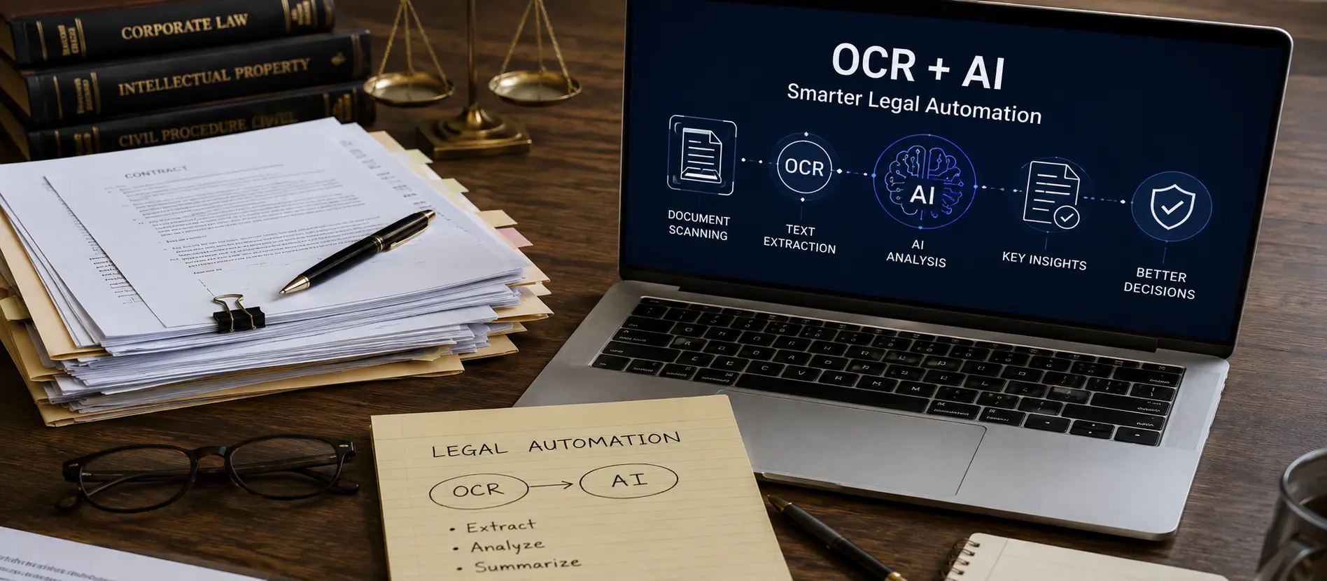 Scanned contracts processed via OCR and LLMs into CLM systems.