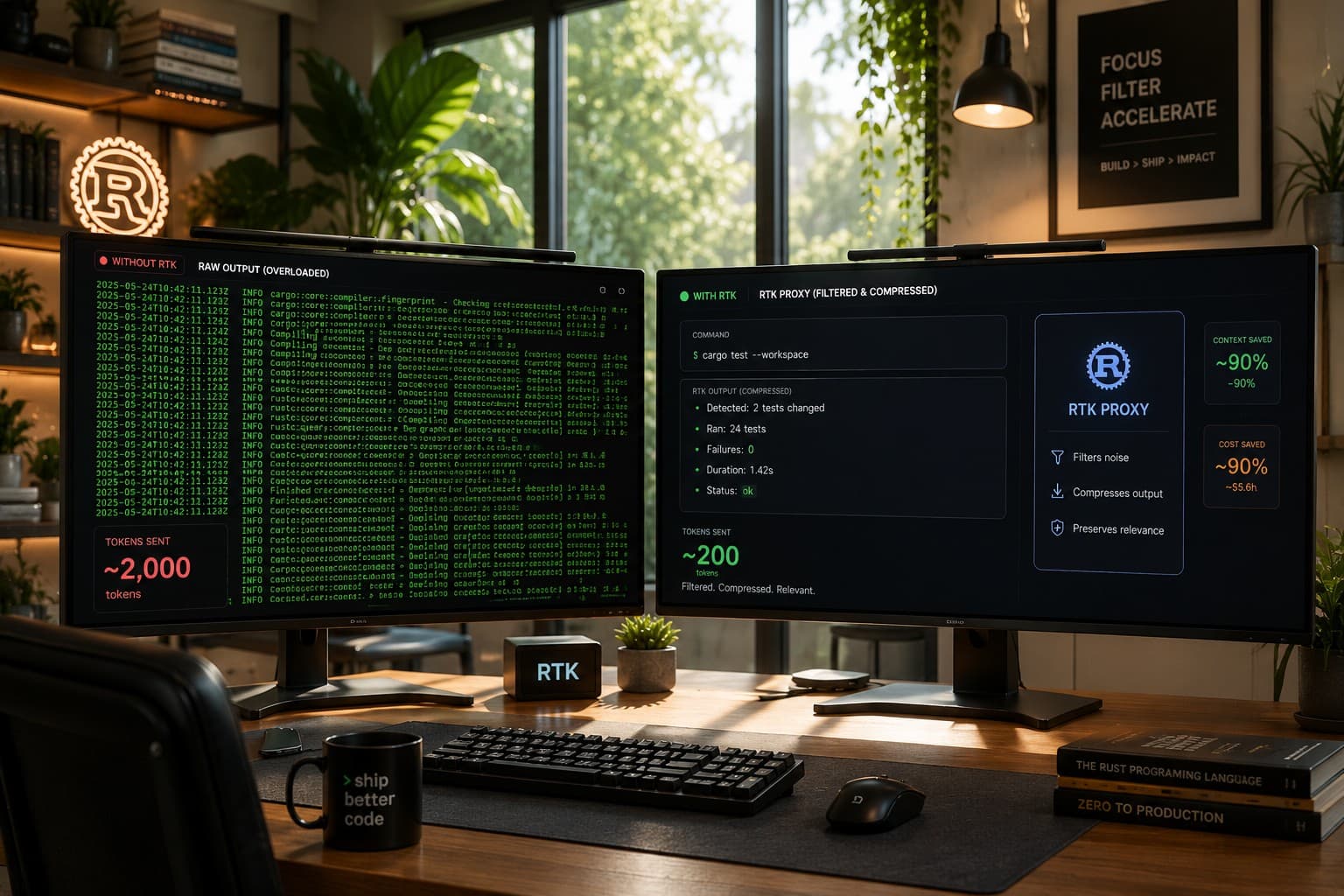 RTK CLI Interface - Terminal Command Output Before and After Compression