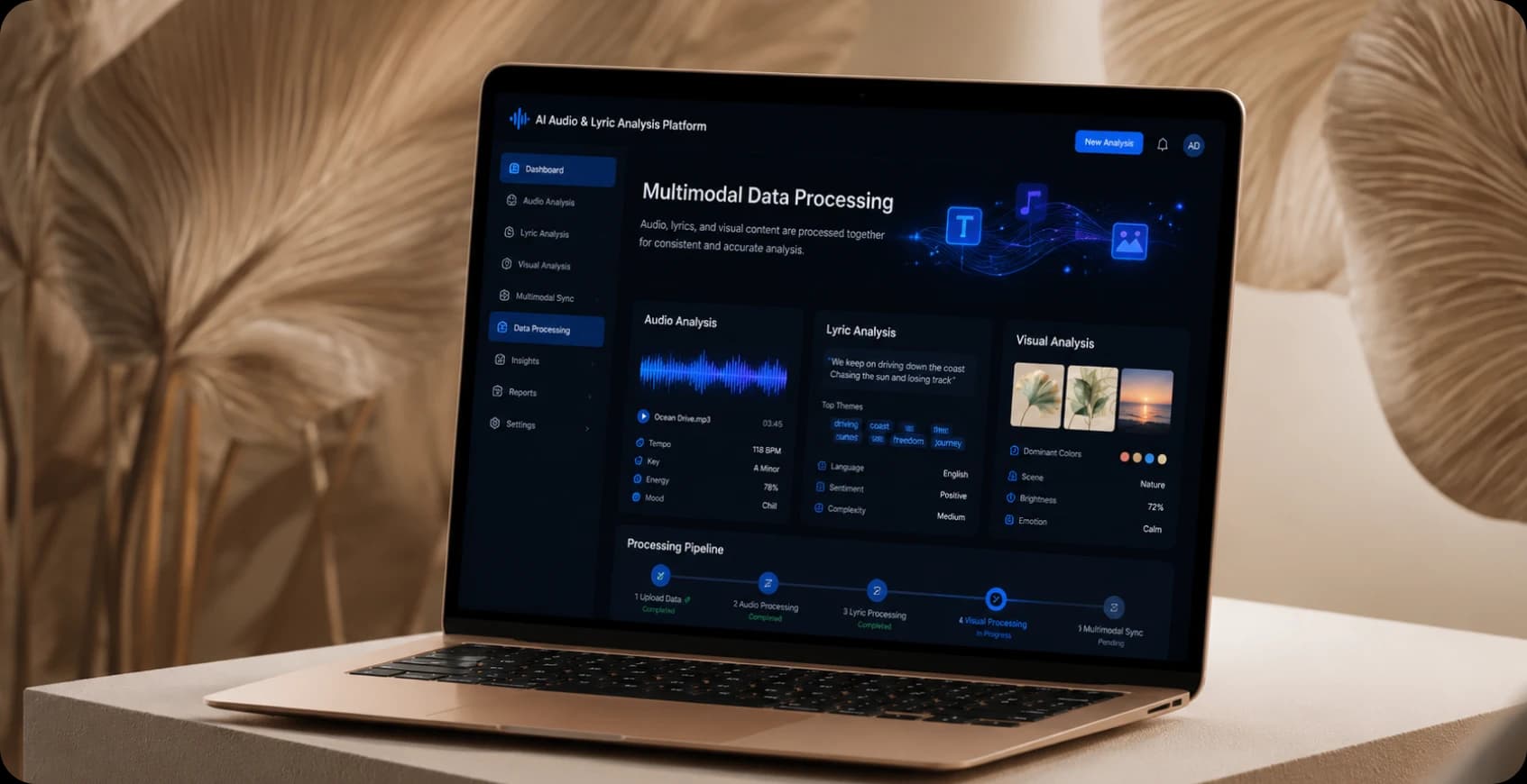 Multimodal data processing for audio, lyrics, and visuals