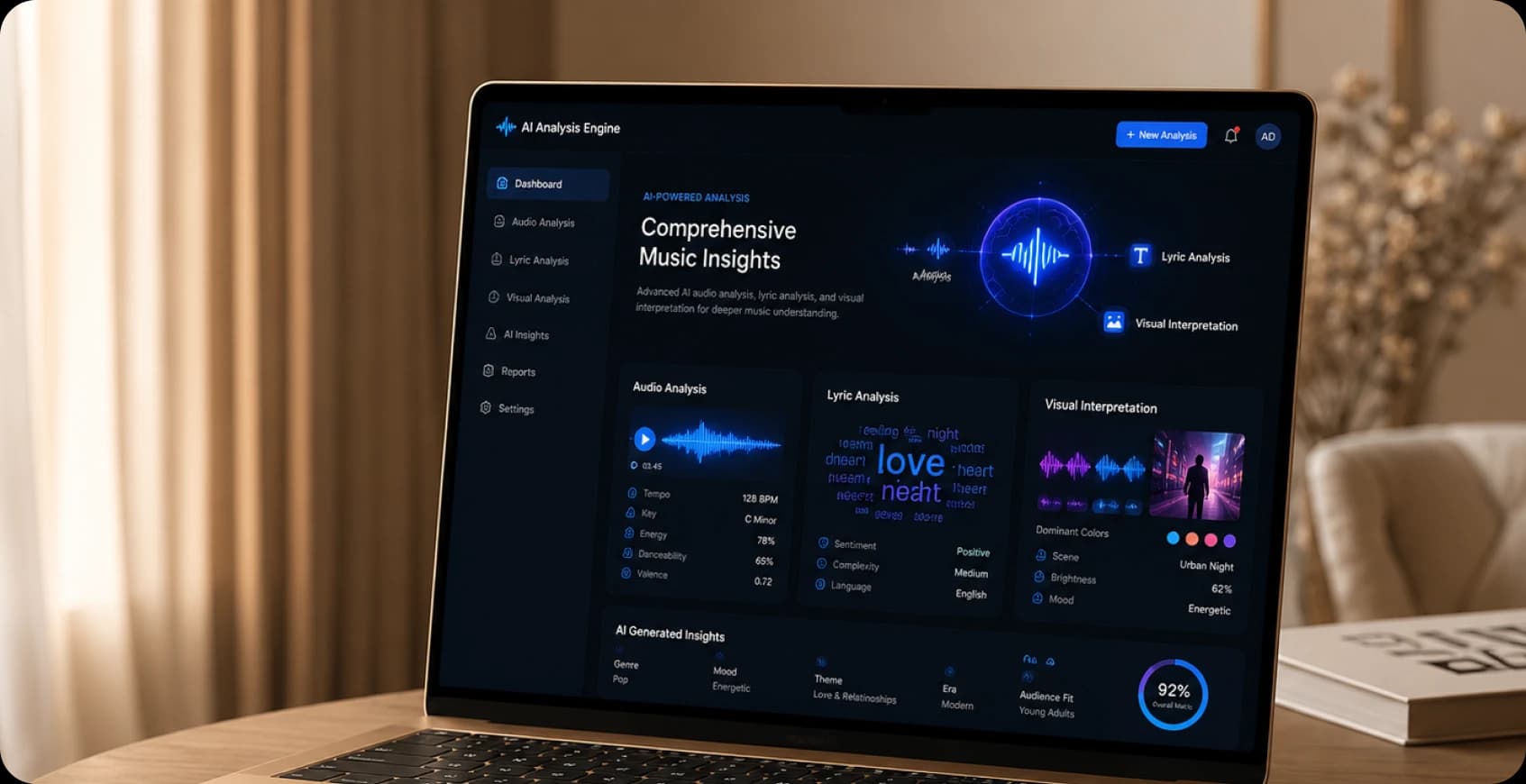 AI analysis engine for audio, lyric, and visual interpretation
