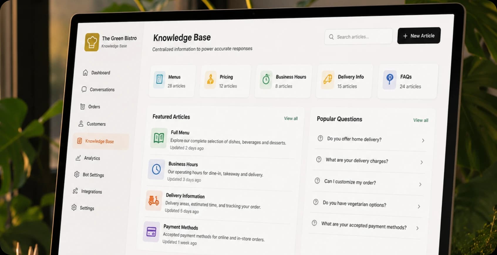Knowledge base development for restaurant menu and FAQ content