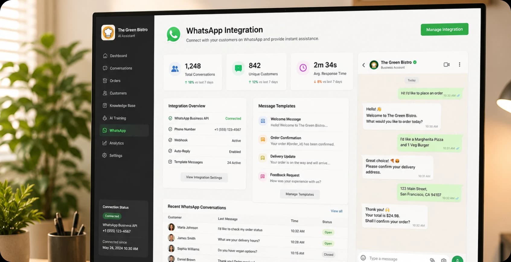 WhatsApp Business API integration for real-time restaurant chatbot support