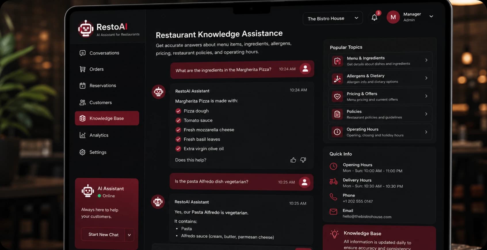 Restaurant knowledge base for menu, allergen, and pricing questions