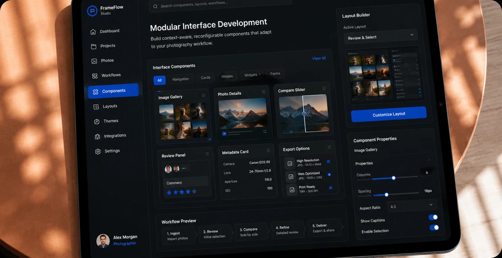 Modular interface development for adaptive Photography platform UI