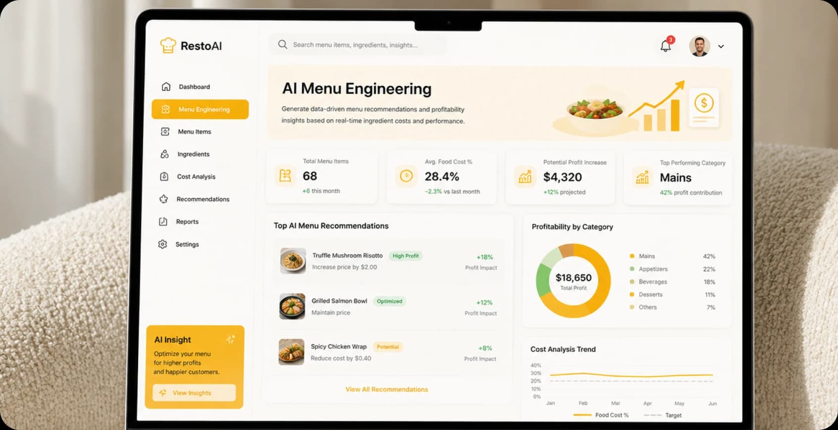 AI menu engineering with ingredient cost and margin insights