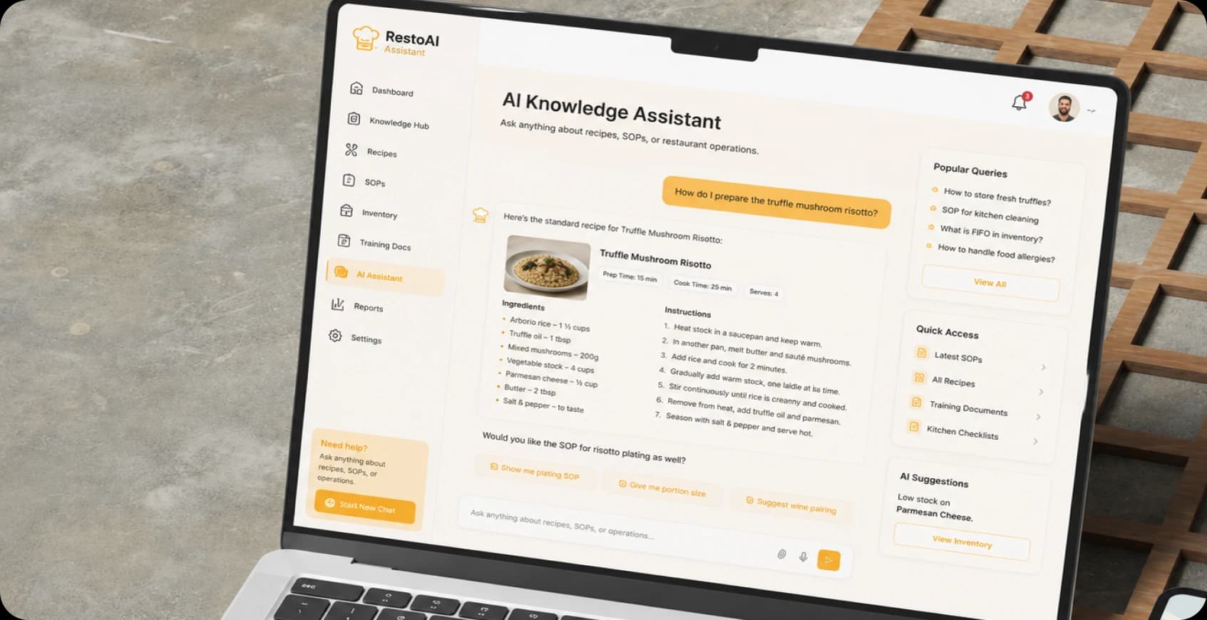 Generative AI assistant for restaurant recipes and SOPs