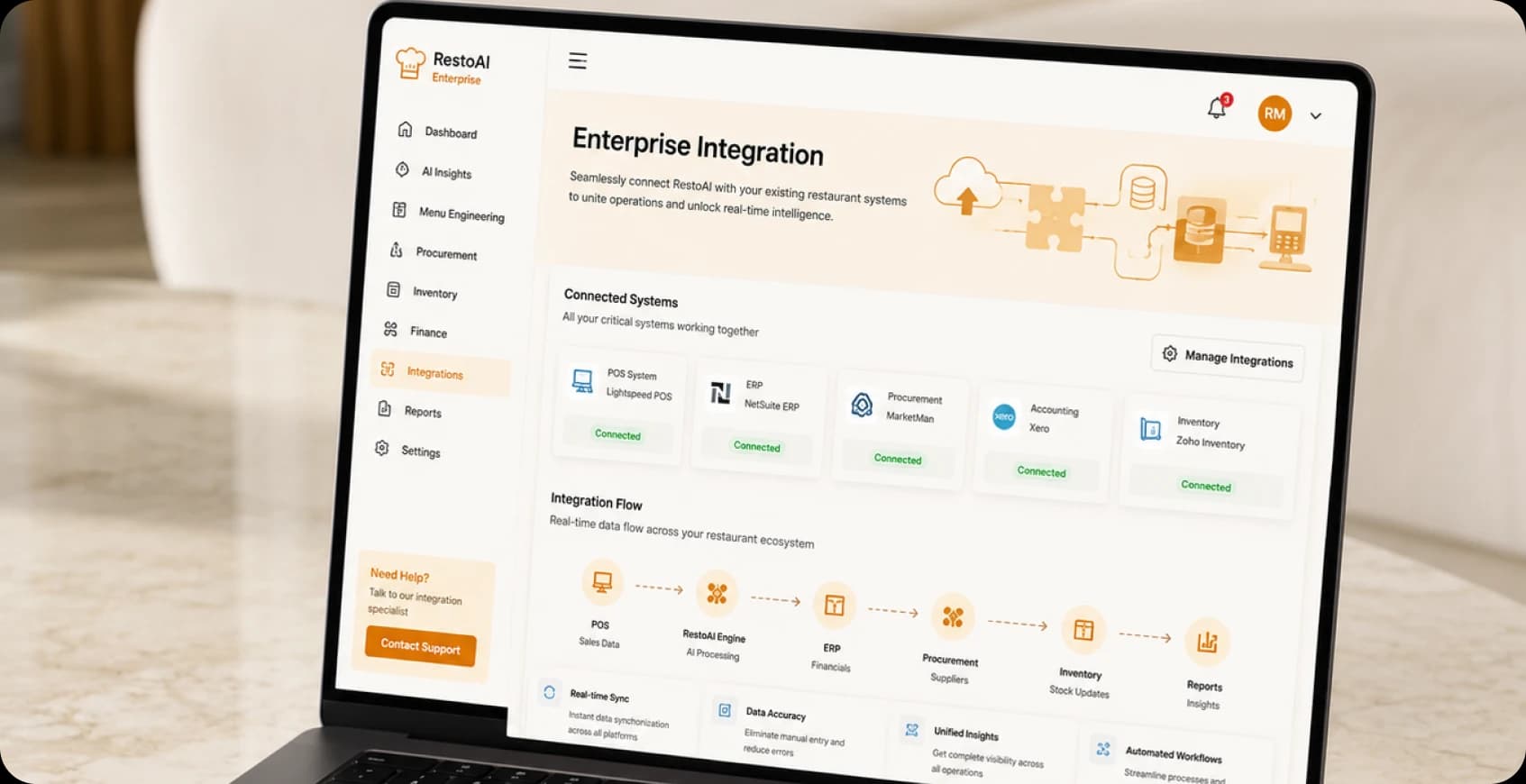 Enterprise integration with ERP, POS, and restaurant systems